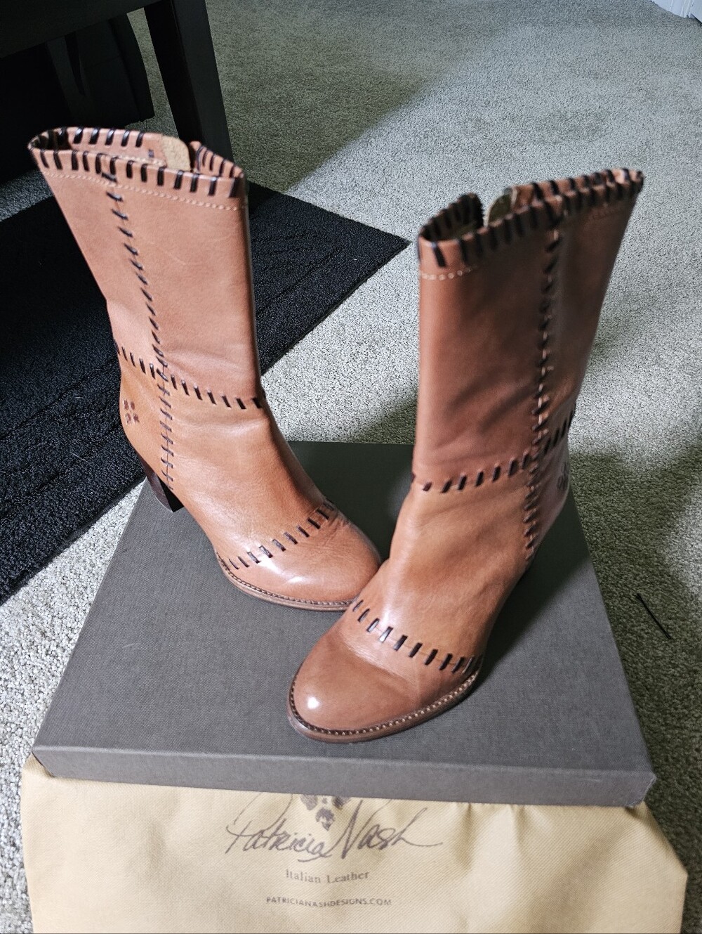 Boots By Patricia Nash Cognac Whipstitch Mid-Calf Leather Heel Boots